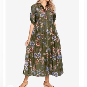 Woman Within Roll Tab Sleeve Crinkle Floral Maxi Shirtdress Size 38W
